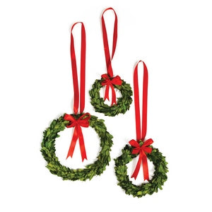 BOXWOOD WREATHS WITH RED RIBBONS, SET OF 3