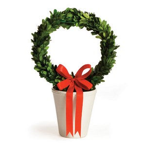 BOXWOOD WREATH & RED RIBBON IN WHITE POT LARGE