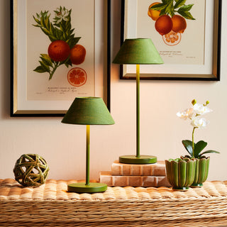 Two green rechargeable led lamps on a woven surface with framed botanical prints in the background.