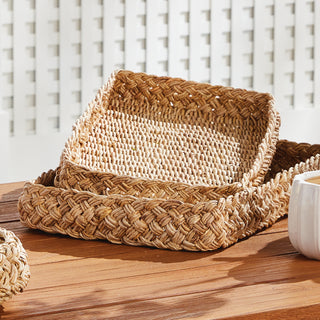 ABACA FRENCH BRAIDED SQUARE TRAYS, SET OF 2