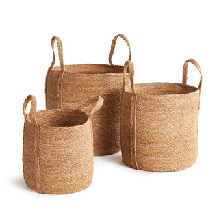 SEAGRASS ROUND BASKETS WITH LONG HANDLES, SET OF 3