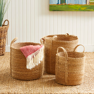 SEAGRASS ROUND BASKETS WITH LONG HANDLES, SET OF 3