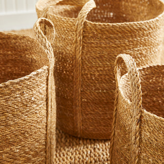 SEAGRASS ROUND BASKETS WITH LONG HANDLES, SET OF 3