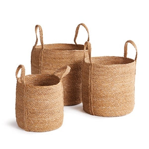 SEAGRASS ROUND BASKETS WITH LONG HANDLES, SET OF 3