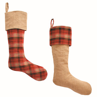 PLAID & BURLAP STOCKINGS, SET OF 2