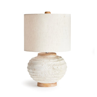 Table lamp with off-white handmade horizontal ribbing round base with wooden foot  and linen shade