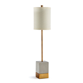 Tall and narrow table lamp with concreate base with antique bronze finish and white shade